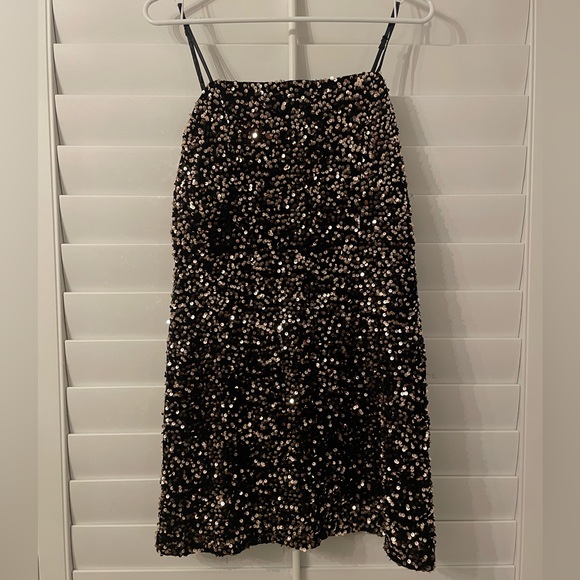 Brown/Gold Sequin Black Velvet
Spaghetti Strap Mini Dress - Picture 1 of 3